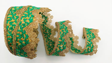 Gold Sheer Tissue Fabric Cutwork Trim with Embroidery in Gold and Green, Scallop Trim, Fringe Trim
